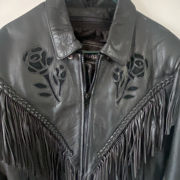 Unik Black Leather Jacket with Fringe and rose Design women’s size XXL - Picture 12 of 16